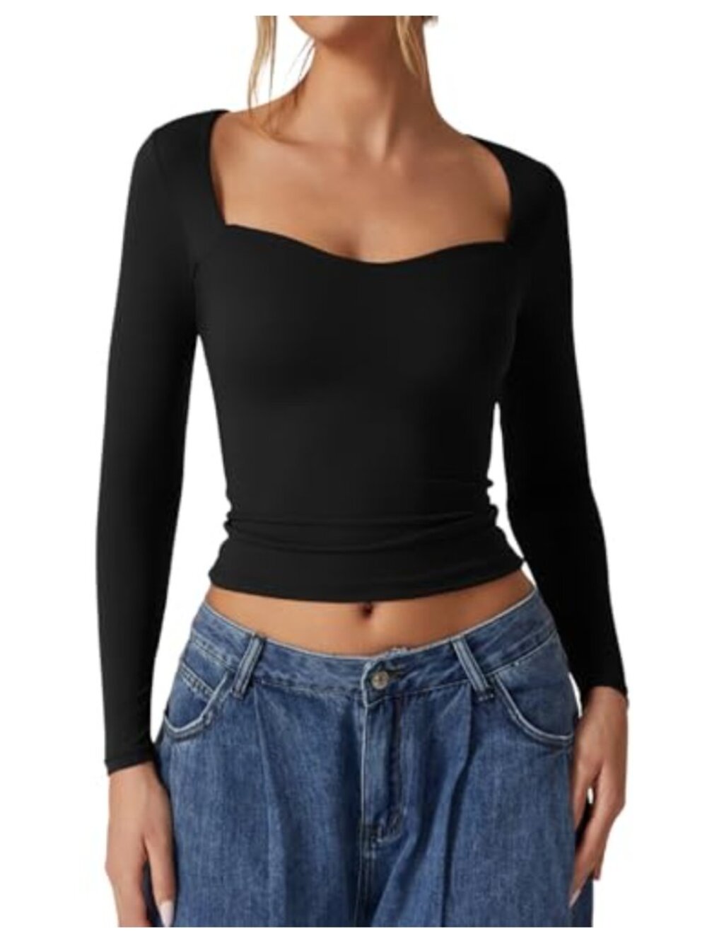 Long Sleeve Sweetheart Neck Crop Top Slim Fit Stretch Tee